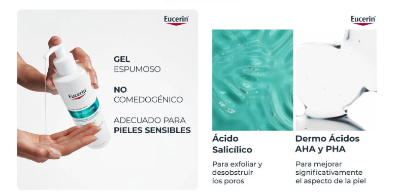 El Eucerin DermoPure Clinical Gel Limpiador Corrector (también conocido como Gel Limpiador Triple Efecto) es un limpiador intensivo para rostro y cuerpo formulado para pieles grasas y con tendencia al acné.  Características principales Fórmula activa: Contiene un 2 % de ácido salicílico (BHA), AHA y PHA. Acción: Limpia en profundidad, elimina el exceso de sebo, ayuda a reducir las imperfecciones y combate las marcas postacné. Tipo de piel: Oil-free, no comedogénico, apto para pieles sensibles y no produce descamación. Formatos disponibles: Tubo de 150 ml y envase de 400 ml. Modo de uso Frecuencia: Aplicar 2 veces al día (mañana y noche). Aplicación: Masajear suavemente sobre la piel húmeda del rostro o del cuerpo, evitar el contorno de los ojos y aclarar con abundante agua. Nota: No recomendado para niños menores de 12 años.