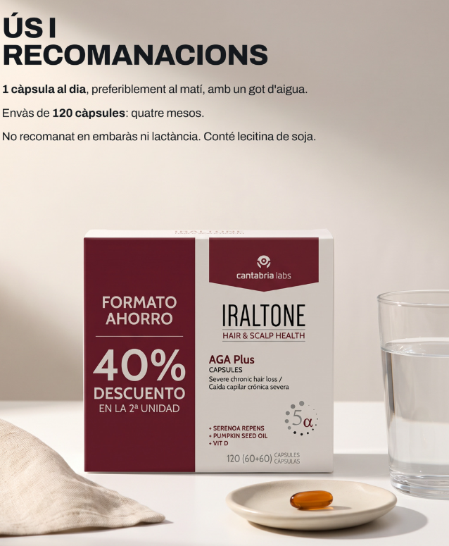 Quatre mesos de protecció capil·lar en un sol envàs. Iraltone AGA Plus de Cantàbria Labs són càpsules amb L-cistina, oli de llavor de carabassa, Serenoa repens* i vitamines del grup B. 🌿 Zinc, seleni i biotina contribueixen al manteniment dels cabells en condicions normals. 🎨 El coure contribueix a la pigmentació normal dels cabells. 🕗 1 càpsula al dia, preferiblement al matí, amb un got d'aigua. Format estalvi de 120 càpsules. No recomanat en embaràs ni lactància. Conté lecitina de soja. 👉 Ets constant amb els complements o els deixes a mig camí? Sinceritat als comentaris. 📍 Consulta'ns a Gran Farmàcia Andorra. Serenoa repens (conocida comúnmente como palma enana americana o saw palmetto) es una pequeña palmera originaria del sureste de Estados Unidos. De sus frutos o bayas se extraen fitofármacos y suplementos naturales utilizados en fitoterapia. [1, 2]