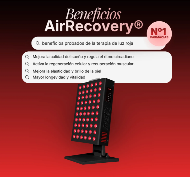 La terapia de luz roja del AirRecovery® Comprar Panel Terapia De Luz Roja e Infrarroja en Gran Farmacia Andorra funciona mediante un proceso llamado fotobiomodulación (PBM). La terapia de luz roja del AirRecovery® Panel Terapia De Luz Roja e Infrarroja funciona mediante un proceso llamado fotobiomodulación (PBM). fotobiomodulación (PBM o LLLT, por sus siglas en inglés) es una terapia no invasiva que utiliza luz roja o infrarroja cercana de baja potencia (con láseres de baja intensidad o luces LED) para estimular, sanar y regenerar los tejidos del cuerpo sin causar quemaduras ni calor. Cómo funciona el mecanismo Absorción celular: Los fotones de la luz roja e infrarroja cercana penetran en la piel y son absorbidos por las mitocondrias (las "centrales de energía" de las células). Estimulación del ATP: Este estímulo activa la enzima citocromo c oxidasa y aumenta la producción de trifosfato de adenosina (ATP), lo que acelera la energía celular y la regeneración de los tejidos. Liberación de óxido nítrico: Ayuda a liberar el óxido nítrico acumulado, mejorando la oxigenación y la circulación sanguínea. Reducción de la inflamación: Disminuye el estrés oxidativo y la inflamación en músculos y articulaciones tras el esfuerzo físico. Especificaciones técnicas del dispositivo (AirRecovery®) Longitudes de onda: Combina 6 bandas de luz roja e infrarroja cercana (630, 660, 670, 810, 830 y 850 nm) mediante 60 LEDs de doble chip. Irradiancia: Más de 130 mW/cm² a una distancia de 15 cm. Tecnología segura: Libre de parpadeos (flicker-free) y con emisiones electromagnéticas (EMF) de 0.0 µT. Modo de empleo recomendado: Se utiliza entre 10 y 20 minutos al día a una distancia aproximada de 15 cm de la zona a tratar.