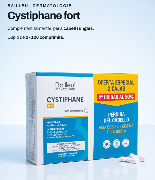 Cabells i ungles febles? La cistina sol ser la peça que falta. Comprar Cystiphane fort de Bailleul Dermatologie a Gran Farmàcia Andorra aporta 2.000 mg de L-cistina al dia, amb L-arginina, zinc i vitamina B6. 🌿 El zinc contribueix al manteniment dels cabells i les ungles en condicions normals. 🔬 La vitamina B6 contribueix a la síntesi normal de la cisteïna. 📆 4 comprimits al dia, en una o dues preses, durant els àpats. Cura de tres mesos, renovable. Duplo de 2×120 comprimits. Reservat a adults. 👉 Notes les ungles més fràgils quan arriba la tardor? Digues-nos-ho. 📍 T'orientem a Gran Farmàcia Andorra.