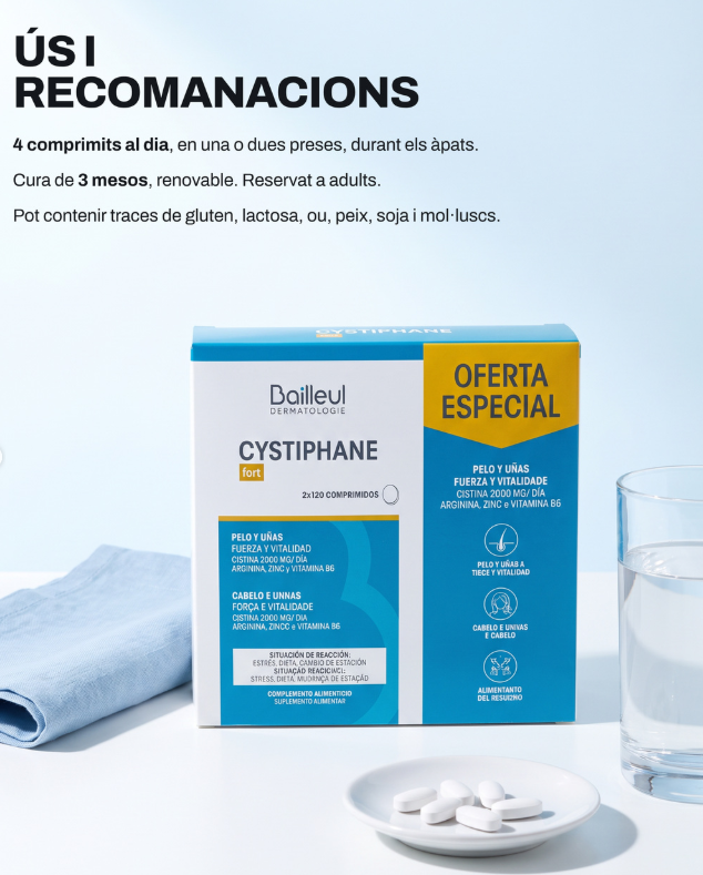 Cabells i ungles febles? La cistina sol ser la peça que falta.
Comprar Cystiphane fort de Bailleul Dermatologie a Gran Farmàcia Andorra aporta 2.000 mg de L-cistina al dia, amb L-arginina, zinc i vitamina B6.
🌿 El zinc contribueix al manteniment dels cabells i les ungles en condicions normals.
🔬 La vitamina B6 contribueix a la síntesi normal de la cisteïna.
📆 4 comprimits al dia, en una o dues preses, durant els àpats. Cura de tres mesos, renovable.
Duplo de 2×120 comprimits. Reservat a adults.
👉 Notes les ungles més fràgils quan arriba la tardor? Digues-nos-ho.
📍 T'orientem a Gran Farmàcia Andorra.