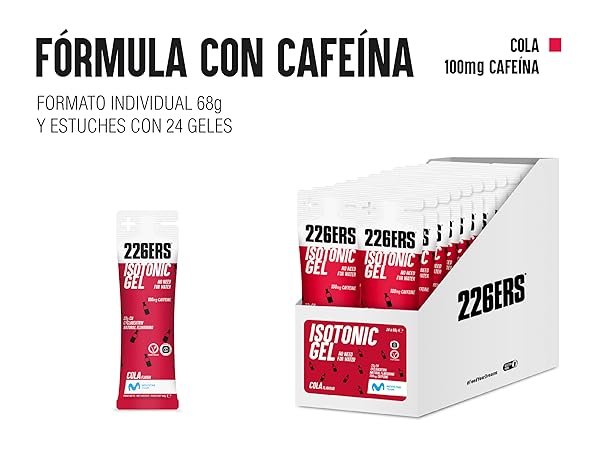Comprar caja de 24 unidades del 226ERS Isotonic Gel (68 g por stick) en Gran Farmacia Andorra. Consultar precio oficial en la Gran Farmacia Andorra, aunque se pueden encontrar en existencias en Gran Farmacia Andorra. Características principales Formato: Caja de 24 unidades (stick de 68 g).  Aporte por gel: 89 kcal, 22 g de carbohidratos complejos (con ciclodextrina / Cluster Dextrin®), 1,4 g de azúcar y, según el sabor (como Cola), 100 mg de cafeína. Hidratación: No requiere agua adicional para su consumo gracias a su formulación isotónica y vaciado gástrico rápido. Dietario: Sin gluten y apto para vegetarianos (con sello Cologne List libre de dopaje). Modo de uso recomendado: Tomar hasta 3 unidades cada 60 minutos durante el ejercicio físico. Si lo deseas, dime qué sabor prefieres (lima, sandía, cola con cafeína, etc.) o para qué deporte lo necesitas para indicarte disponibilidad específica. 226ERS