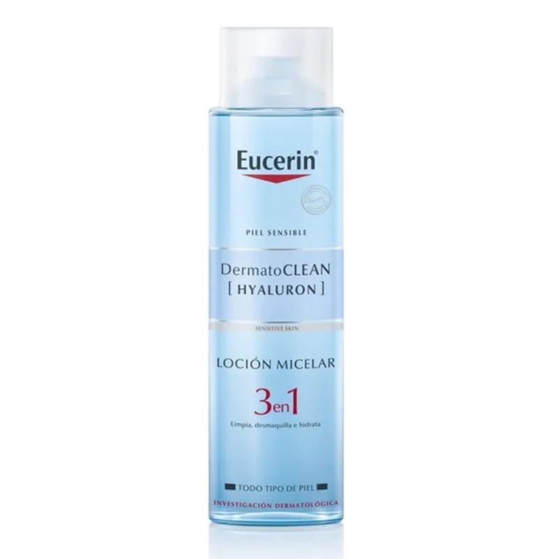 Comprar Eucerin DermatoCLEAN [HYALURON] Agua Micelar 3 en 1 en Gran Farmacia Andorra (en formato de 400 ml) es un limpiador facial suave y de alta tolerancia indicado para todo tipo de pieles, incluidas las pieles sensibles. Características principales Acción 3 en 1: Limpia en profundidad, retira el maquillaje (incluso en rostro y ojos) y tonifica/hidrata en un solo gesto. [1, 2] Ingrediente clave: Enriquecido con ácido hialurónico para limpiar sin resecar la piel. [1, 2] Formulación: Sin fragancia, libre de microplásticos y testada clínica, dermatológica y oftalmológicamente. [1] Modo de empleo: Aplicar por la mañana y por la noche con la ayuda de un disco de algodón sobre el rostro y los ojos. [1]